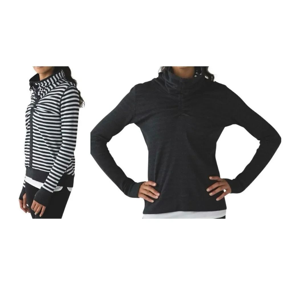 LULULEMON IN A CINCH REVERSIBLE GRAY WHITE HIGH NECK TOP SWEATSHIRT SZ 6